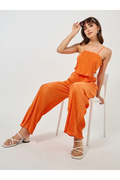 Colorful By Styli Plisse Crop Cami & Straight Leg Pants Co-Ords