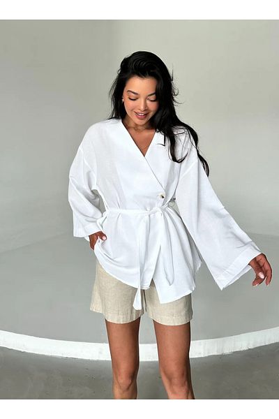 My Blog Leinenkimono - Weiß, 100% Baumwolle, mit Knöpfen und Gürtel