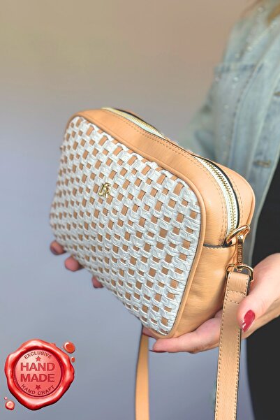 GALB LEATHER Handmade Straw Patterned Medium Size Women's Shoulder Bag Cream Color