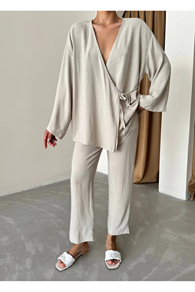 My Blog طقم كيمونو قطني مزدوج الصدر - ربط جانبي