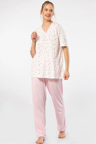 TÜREN Battal Size Floral Patterned Viscose Women's Pajama Set - Short Sleeve