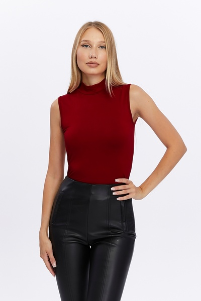 LAENT Γυναικεία μπλούζα μπορντό αμάνικη βάση με γιακά