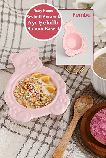 REAY HOME Pembe Ayı Şeklinde Handmade Seramik Servis Sunum Kasesi ve Tabağı S...