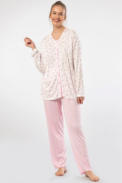 TÜREN Battal Size Floral Patterned Buttoned Long Sleeve Women's Pajamas Set