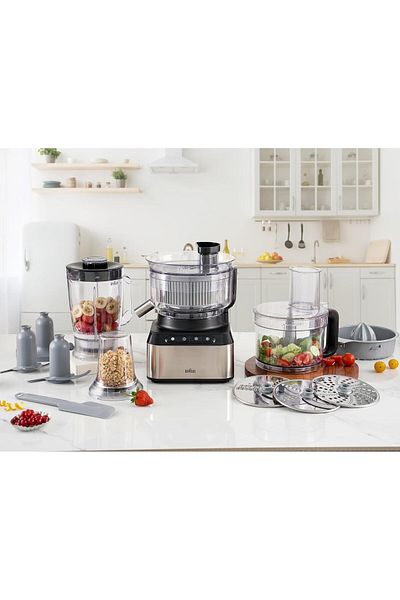 Braun محضر طعام بيورياز 800 واط مع مفرمة 2.1 لتر وخلاط 1.2 لتر، أمان مزدوج، أسود، FP 3235 SI