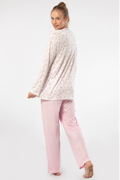 TÜREN Düğmeli Çiçek Desenli Uzun Kollu Battal Beden Kadın Pijama Takımı