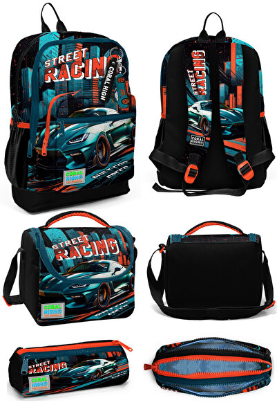 Coral High Siyah Nefti Yarış Arabası Desenli Dört Bölmeli Okul Sırt Çantası B...