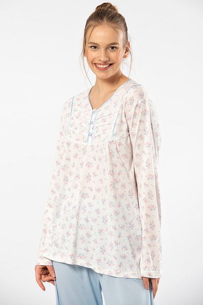 TÜREN Set de pijamale cu mânecă lungă, cu nasturi, cu imprimeu floral, pentru femei