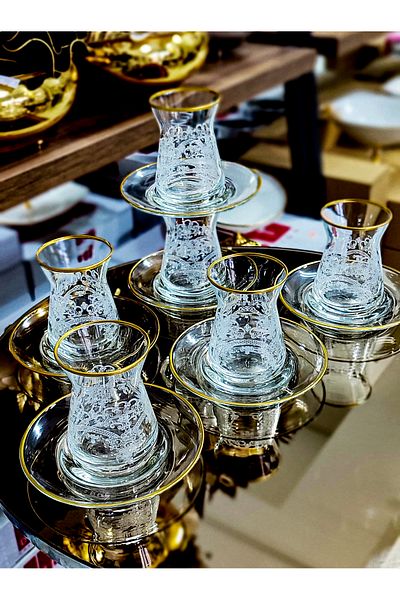 SEÇKİNEV Gold Lace Pasabahce Tea Set