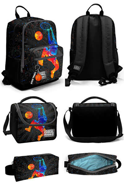Coral High Gri Basketbol Desenli Dört Bölmeli Okul Sırt Çantası Beslenme Çant...