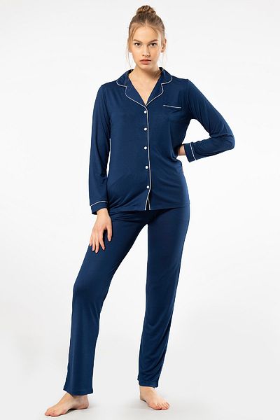 TÜREN Long Sleeve Shirt Collar Viscose Women's Pajamas Set