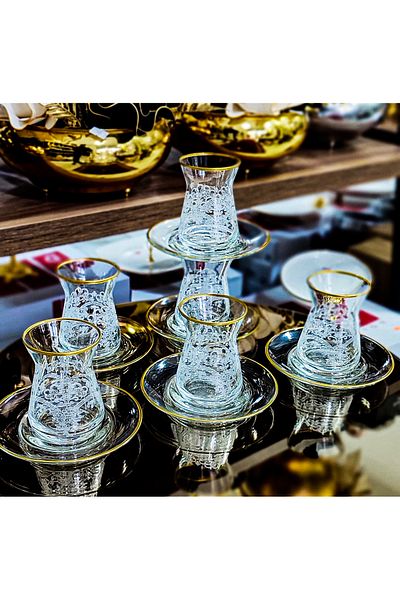 SEÇKİNEV Gold Lace Pasabahce Tea Set