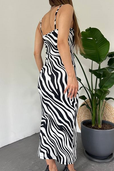 WOMAN VISION Dámské šaty se vzorem zebra se čtvercovým límcem a rozparkovanými ramínky - 10637