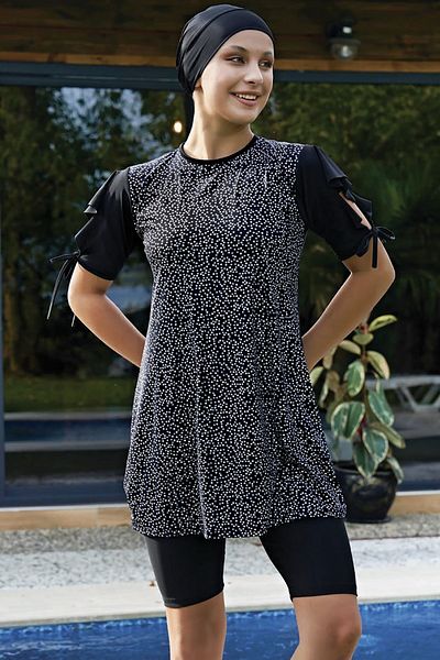 REMSA 2423 Model - Black Short Sleeve Flounced Lycra Swimsuit
