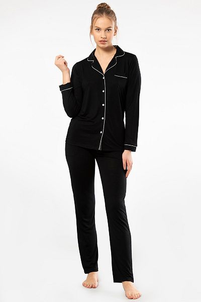 TÜREN Long Sleeve Shirt Collar Viscose Women's Pajamas Set