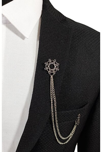 BLC Basic Line Co. Siyah Renk Taş Işlemeli Metal Ceket Yaka Iğnesi Yaka Zinciri