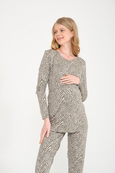 Perla Blanca Yeşil Kamuflaj Desenli Emzirme Özellikli Hamile Bluzu