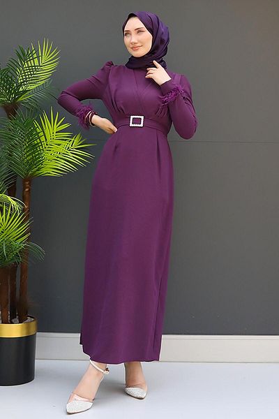 GİZ AGİYİM Μωβ Φόρεμα Hijab - Λεπτομέρεια με πούπουλα
