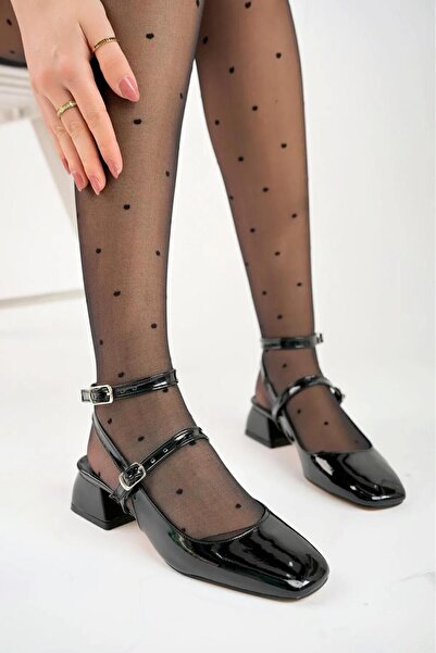 Büşra Sultan Ayakkabı & Çanta Kadın Siyah Rugan Arkası Açık Kare Burunlu Kısa Blok Topuklu Babet Ayakkabı