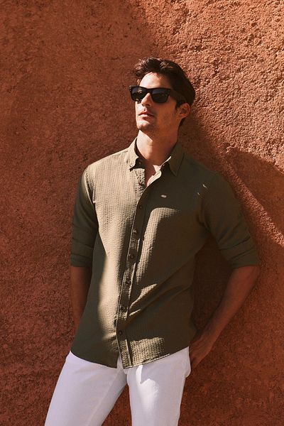 ALTINYILDIZ CLASSICS Ανδρικό πουκάμισο Χακί Slim Fit Slim Fit με γιακά 100% βαμβάκι