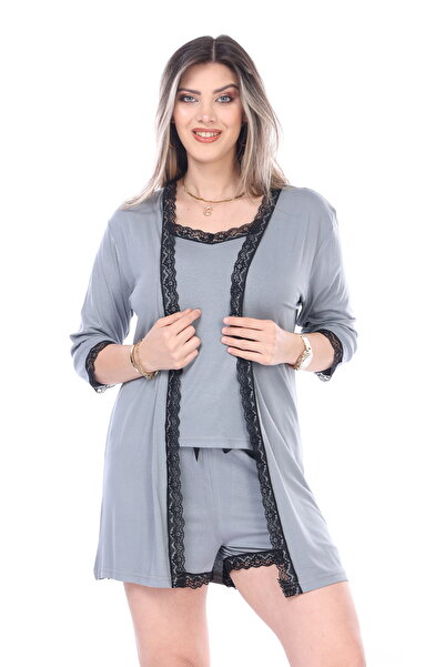 mervemoda Women's Summer Combed Cotton Shorts and Dressing Gown Set - 3-Piece Set