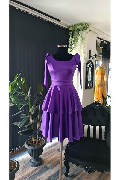 makbuleofficial Mor Saten, Kare Yaka ,kolsuz,omuzları Fiyonklu Mezuniyet Elbi...