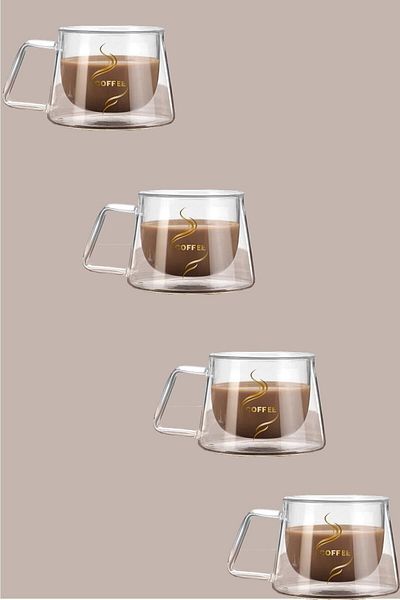 Balsa Grup 4 Pieces Double Walled Glass Cup Home Office Cup 250ml Double Deck Heat Insulated Glass Cup with Handle