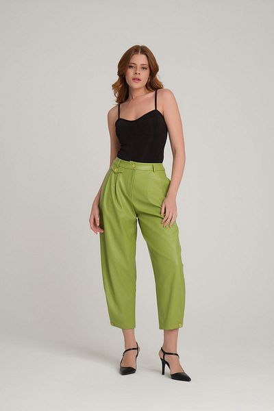 Quzu High Waist Leather Trousers with Button Detail on the Leg Olive