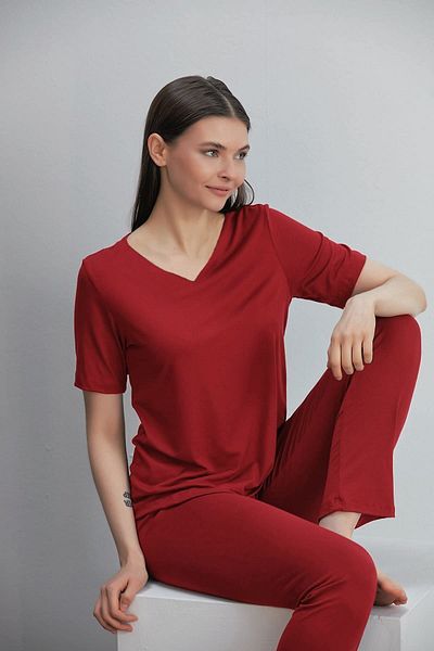 ÇAĞ MODA Set de pijamale pentru femei, tricotat din viscoză, cu decolteu în V, cu mâneci scurte
