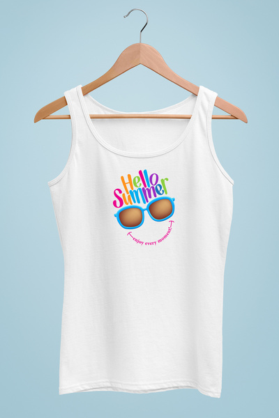 Raf Coll Tricou cu bretele pentru femei Hello Summer Smiling Face Design imprimat digital 100% bumbac