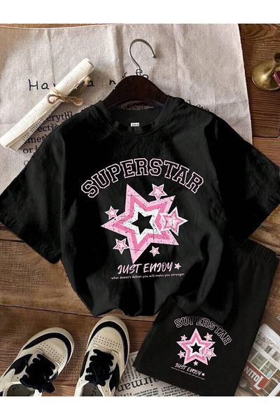 AMMA Black Superstar Printed Children's T-Shirt and Shorts Set - 100% Cotton
