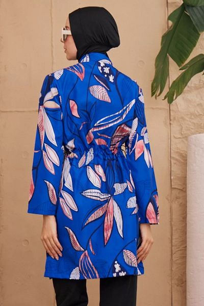 GÜLSELİ Saks Blue Tunica acoperită complet Pantaloni Bone Bustier Parașuta Tesatura 4 piese Costum de baie Hijab