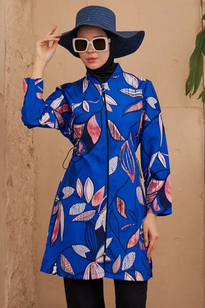 GÜLSELİ Saks Blue Tunica acoperită complet Pantaloni Bone Bustier Parașuta Tesatura 4 piese Costum de baie Hijab