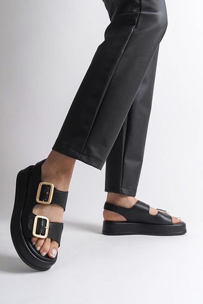 Melek Tuna Sandale de damă cu cataramă dublă, sandale elegante de damă, sandale negre casual de damă