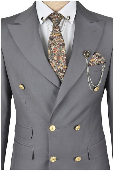 DeepSEA Men's Gray Slim Fit Double Breasted Suit - Metal Button and Pocket Detail2300325