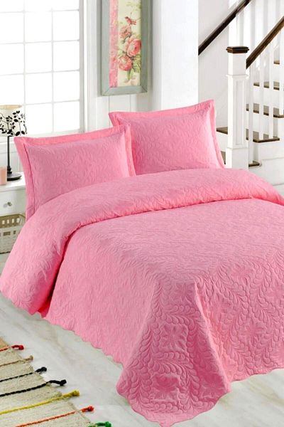 CANDAN ÇEYİZ Double 3 Piece Ivy Pattern Microfiber Quilted Rose Single Color Bedspread