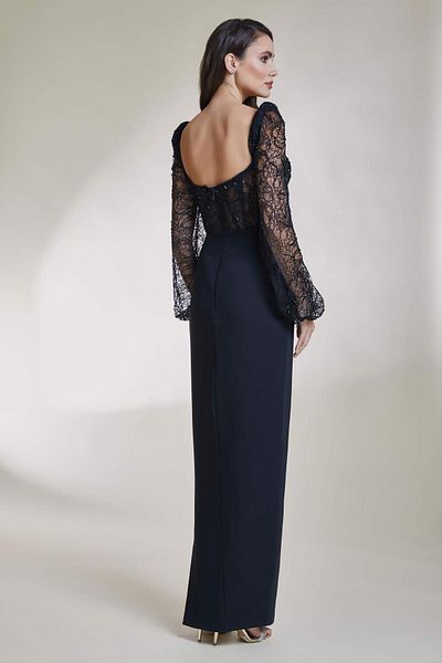 Kenzel Sweetheart Neck Lace Sleeve Slit Long Dress