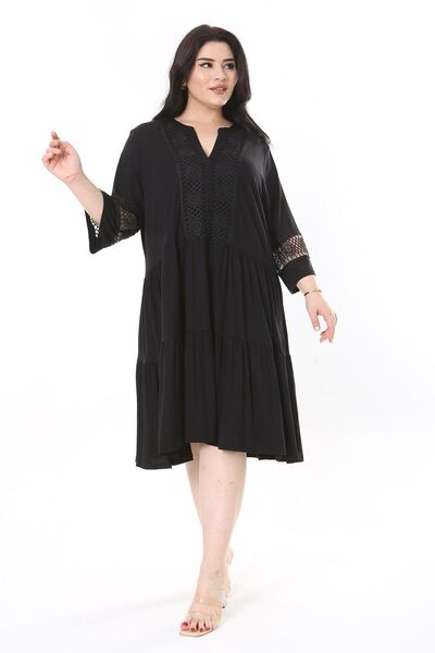 Şans Plus Size Lace Detailed Black Layered Dress - 65N37929