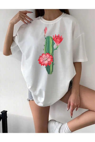 oneagılyazı Oversize CACTUS DESIGN Μπλουζάκι από στάμπα χτενισμένο από βαμβάκι