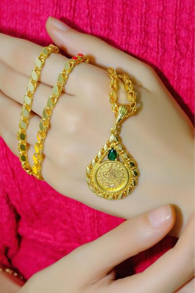 aytekgold 8 Ayar Tuğralı Yeşil taşlı pullu kolye