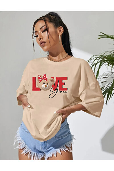 oneagılyazı LOVE BEAR DESIGN - Υπερμεγέθη εμπριμέ χτενισμένο βαμβακερό μπλουζάκι