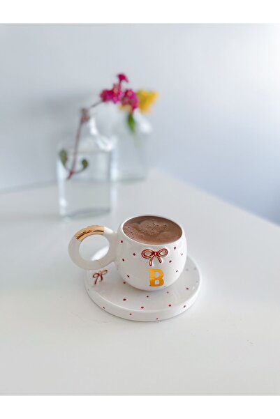 Mugtasarım 24 K Gold - Gilded Double Turkish Coffee Cup with Red Bow Detail -...