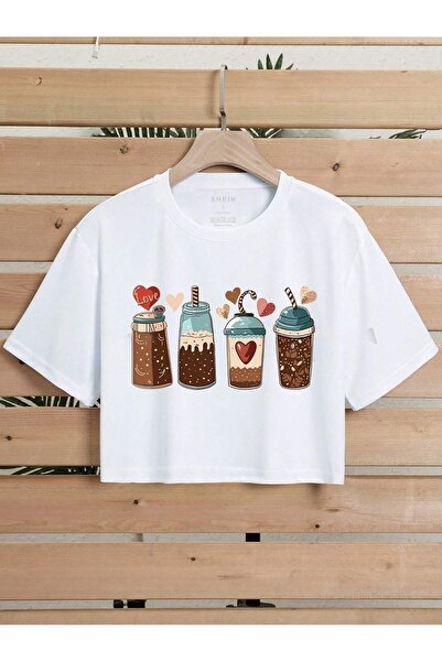 over head oh Crop alb supradimensionat - Inimă cafele imprimate