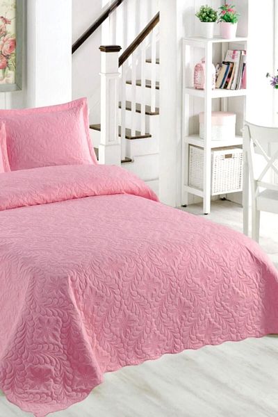 CANDAN ÇEYİZ Double 3 Piece Ivy Pattern Microfiber Quilted Rose Single Color Bedspread