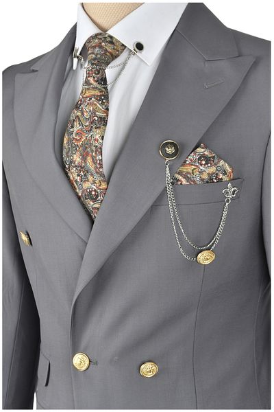 DeepSEA Men's Gray Slim Fit Double Breasted Suit - Metal Button and Pocket Detail2300325