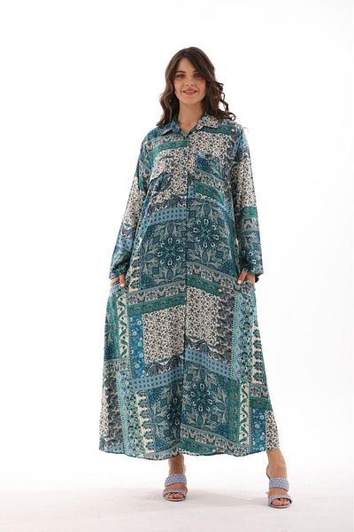 AYASOFYA OTANTIK Turquoise Ethnic Patterned - Loose Long Sleeve Women's Dress