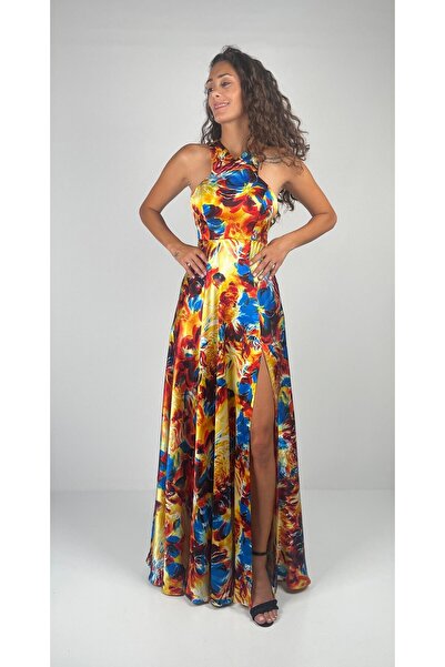 Socrates Golden  Night Kalın Halter Yaka Yırtmaç Detaylı Uzun Saten İpek Elbise