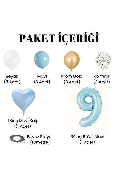 Konsept Sepeti Σετ γενεθλίων 9 ετών - Μπλε λευκό χρώμιο χρυσό, μπαλόνι πάρτι με αλουμινόχαρτο