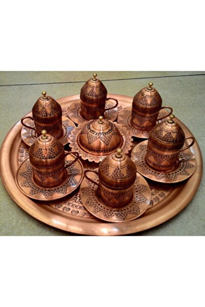 Ustası Antepte El Yapımı Gaziantep Üzüm Desenli Bakır Türk Kahvesi Fincan Takımı 6 Kişilik Kutulu