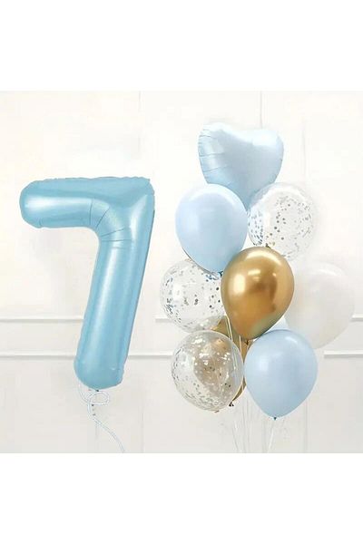 Konsept Sepeti 7 Year Old Birthday Set - Foil, Blue White Chrome Gold, Confetti Balloon Party